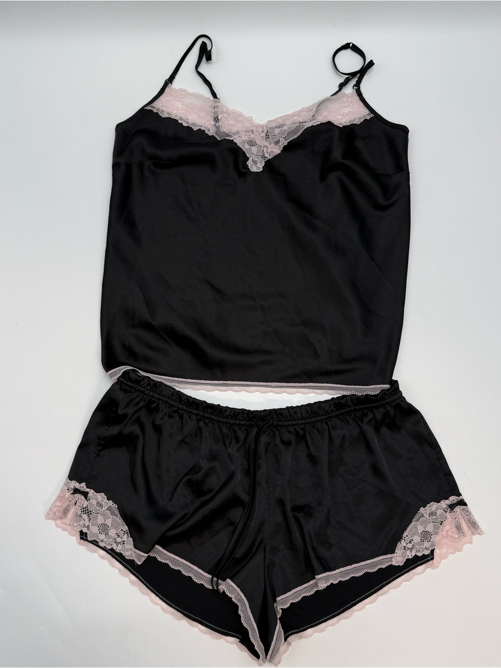 Victoria's Secret Black Satin Cami & Pink Lace Trim Shorts Set